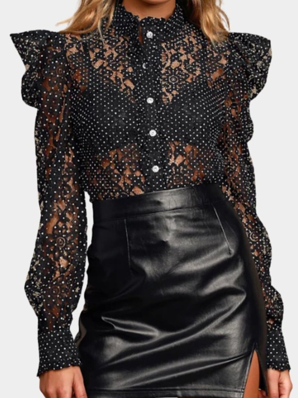 Sheer Button Up Blouse XL Floral Lace Polka Dot Puff Sleeve Shirt Victorian Goth